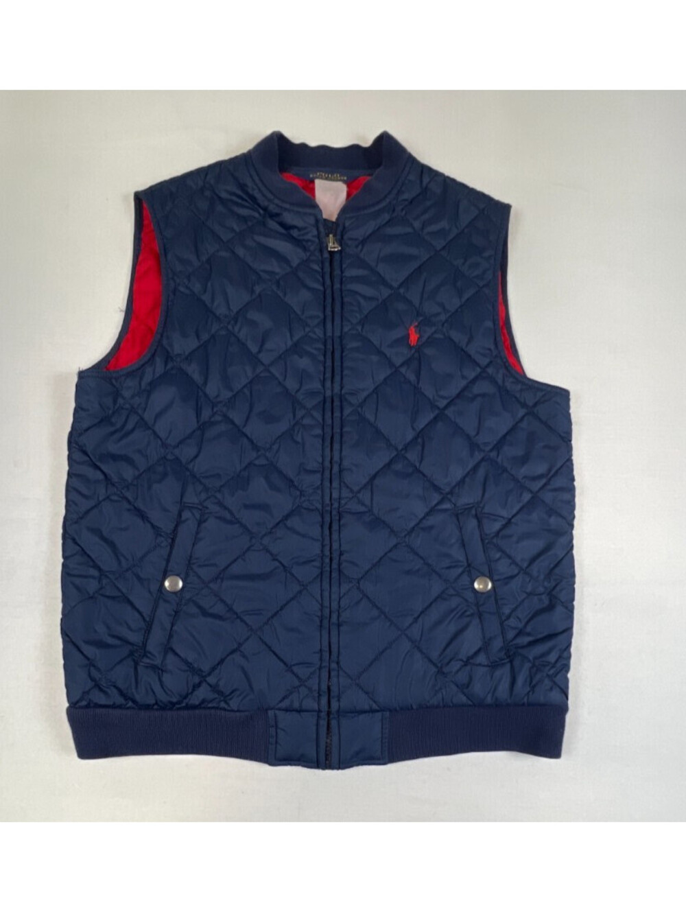 Polo Ralph Lauren Womens/Kids Small Navy Blue Quilted Vest Full Zip Red Lining
